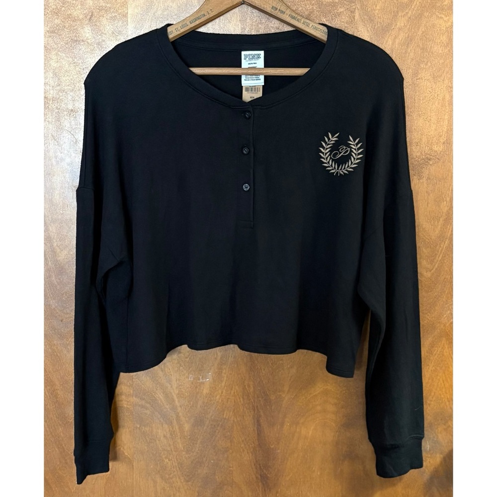 Victoria's Secret Black Embroidered Logo Pullover Sweater Pajama Top NWT Polo